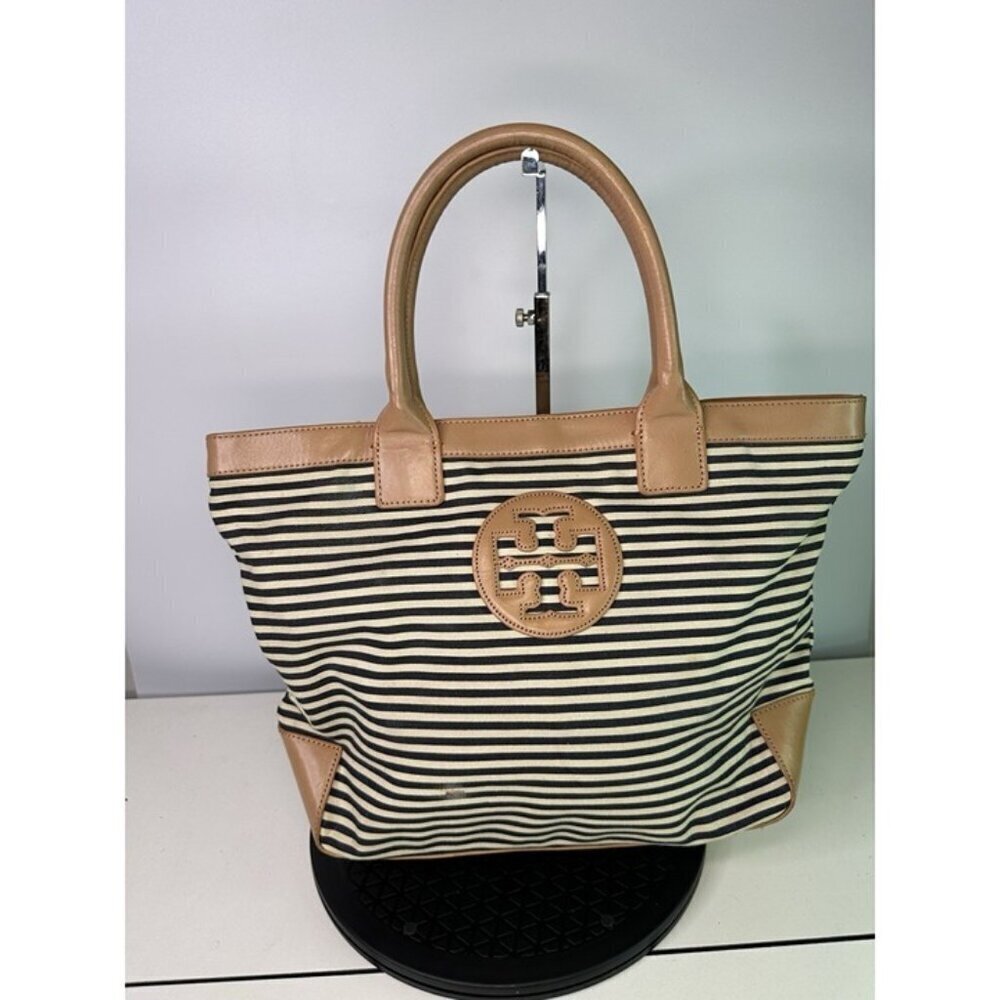 Tory Burch Tote Bag Border Canvas Shoulder White Beige Camel Brown Bag Bag Hand